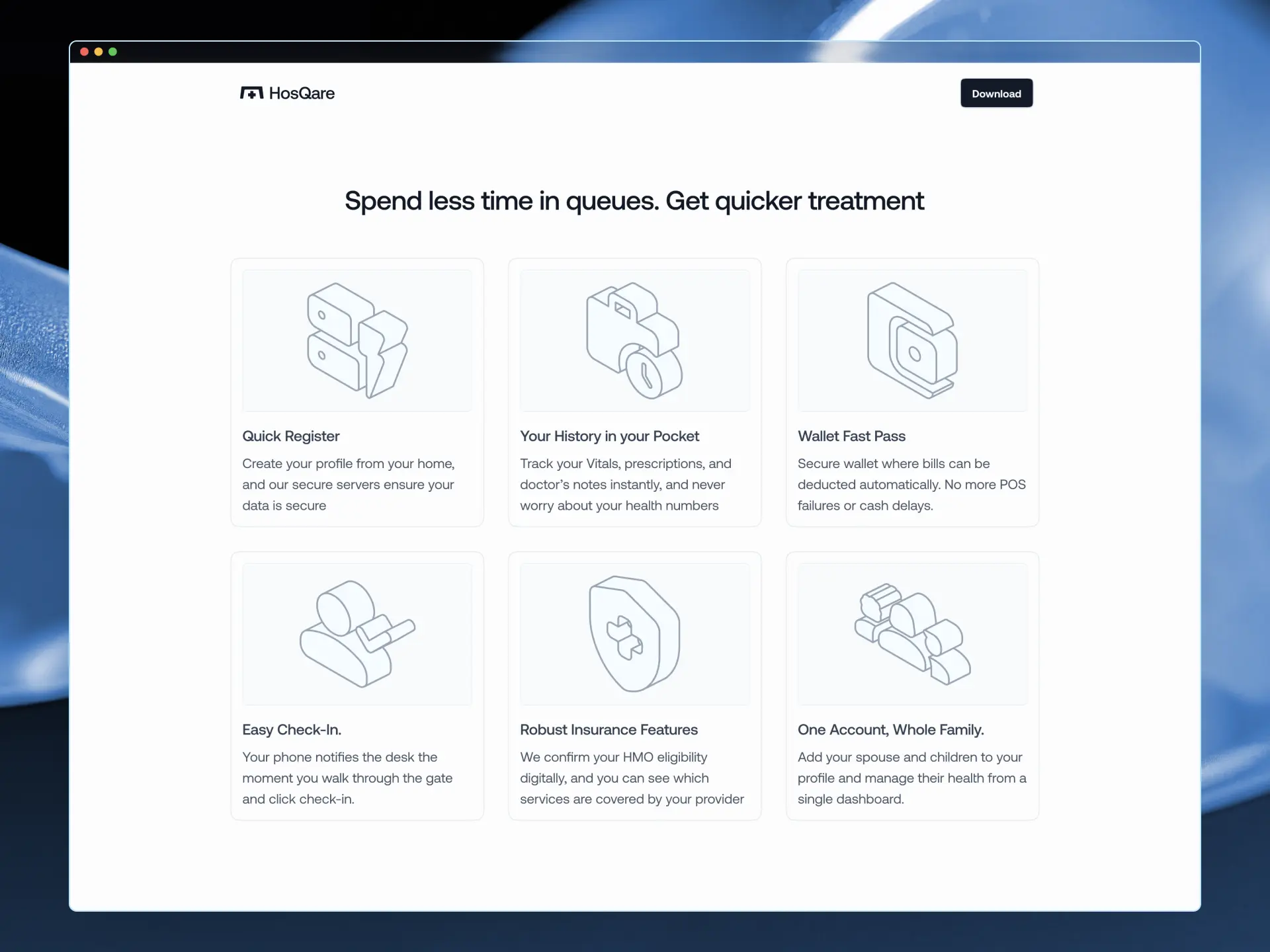 Hosqare benefits section mockup showing 3 main benefits of the app